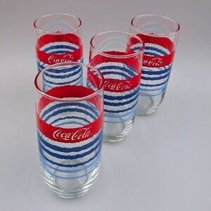 Vintage Anchor Hocking Coca-Cola Drinking Glasses - Set of 4 Red & Blue Stripes